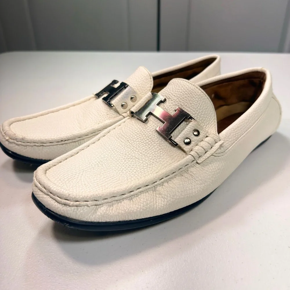 MG Shoes Mervin-24 Men's Size 9 White Leather Driving Loafers Moc Toe